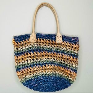 Vintage Waves Blue Orange Woven Cornhusk Leather Tandem Shoulder Beach Bag